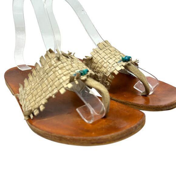 Henry Cuir Slide Sandals Leather‎ Woven Rattan Beaded Tan Brown Size 38 US 8 - Picture 3 of 13